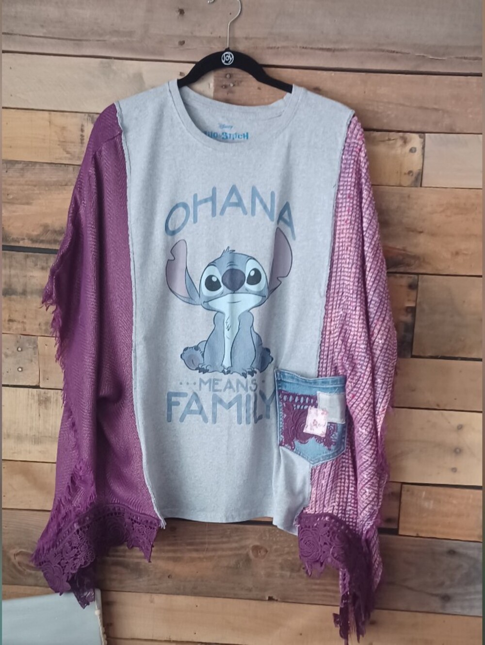 Upcycled Stitch 'Ohana Means Family' Gray Tee with Purple Knit Cardigan Overlay